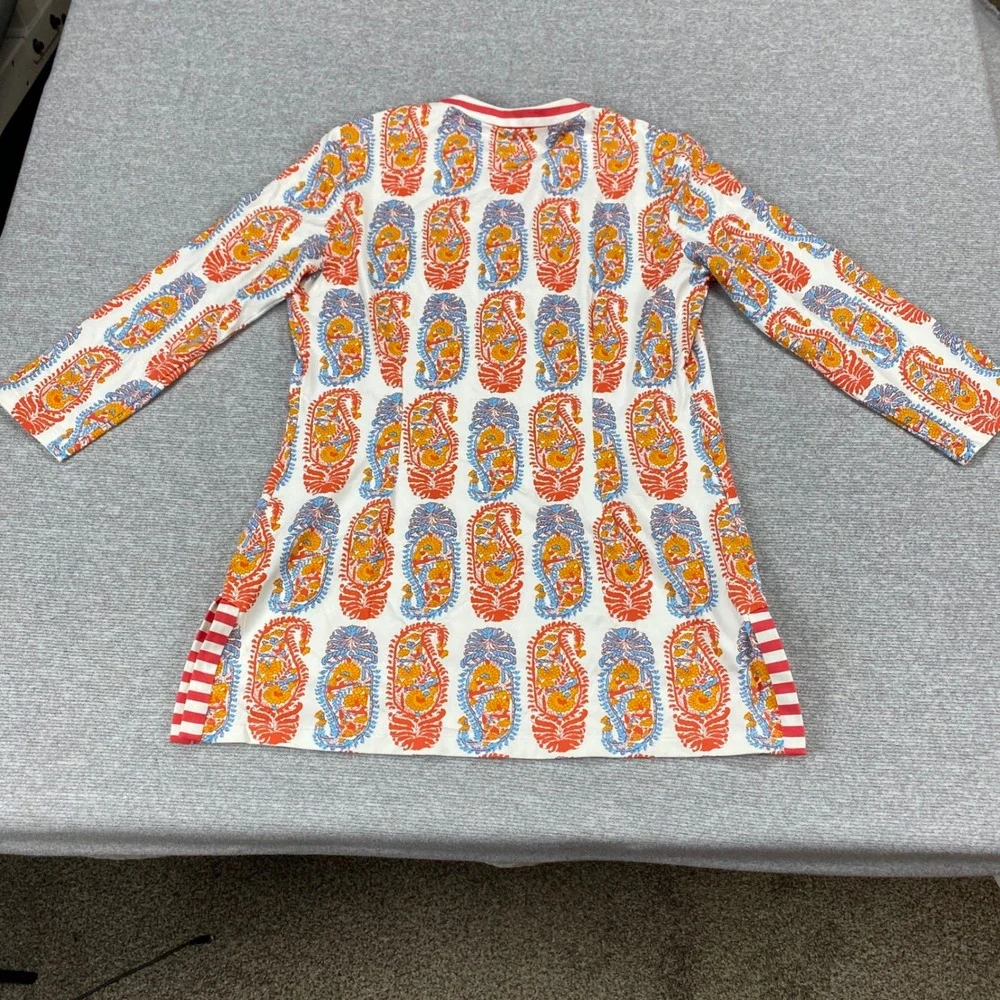 J.McLaughlin Catalina Cloth‎ Paisley Henley Tunic Top Orange Blue Striped Trim M